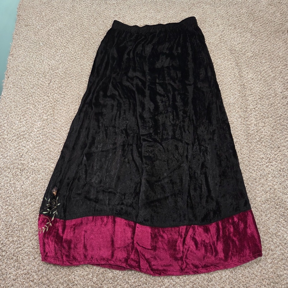 VTG White Stag Midi Skirt Whimsigoth Crushed Velvet Embroidered Floral Trim M - Picture 2 of 6
